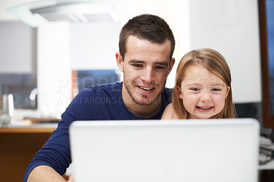 Buy stock photo Home, father and child with laptop for bonding, educational video and streaming service for cartoon. House, dad and girl with smile for digital subscription, ebook and application for entertainment