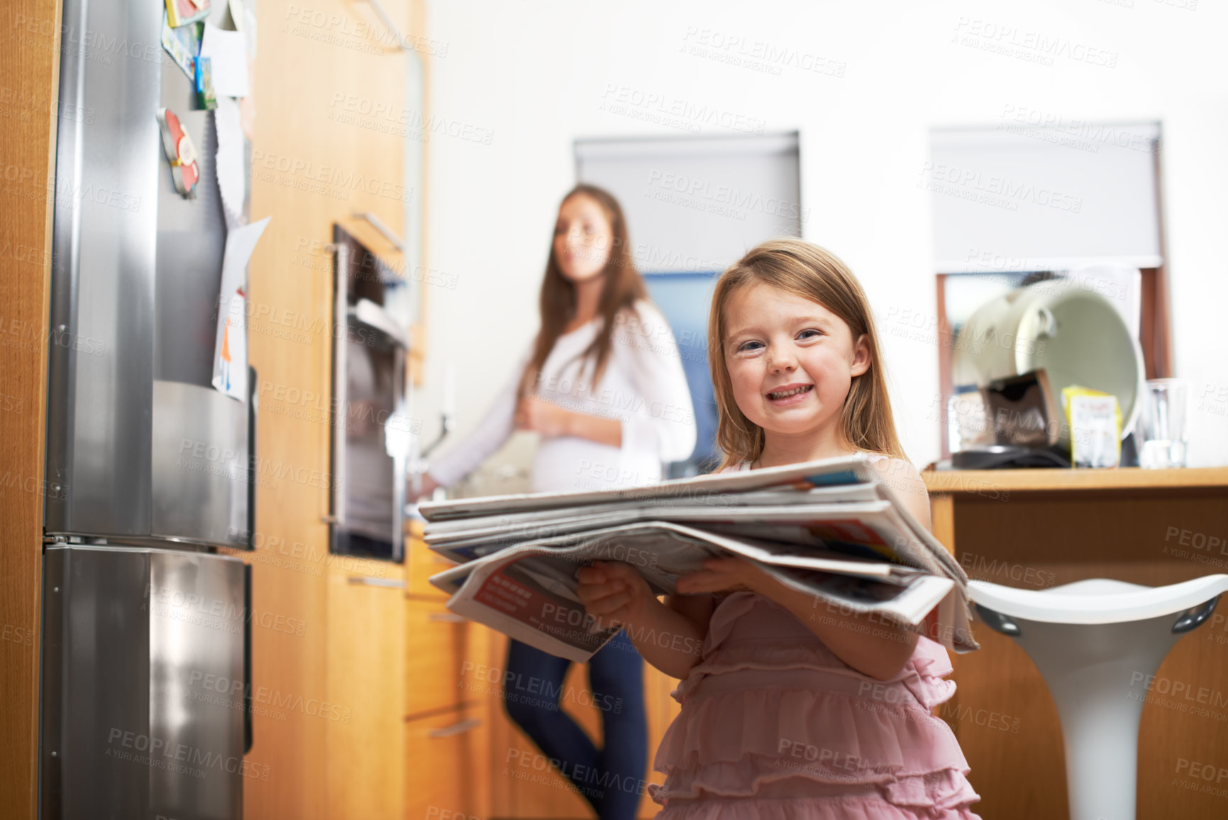 Buy stock photo Recycled, home or portrait of child with newspaper for sustainable living or cleaning trash. Mother, donate or girl kid with reusable garbage for waste reduction, renewable energy or recycling junk