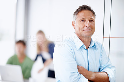 Buy stock photo Portrait of a mature ad executive with his team working behind him