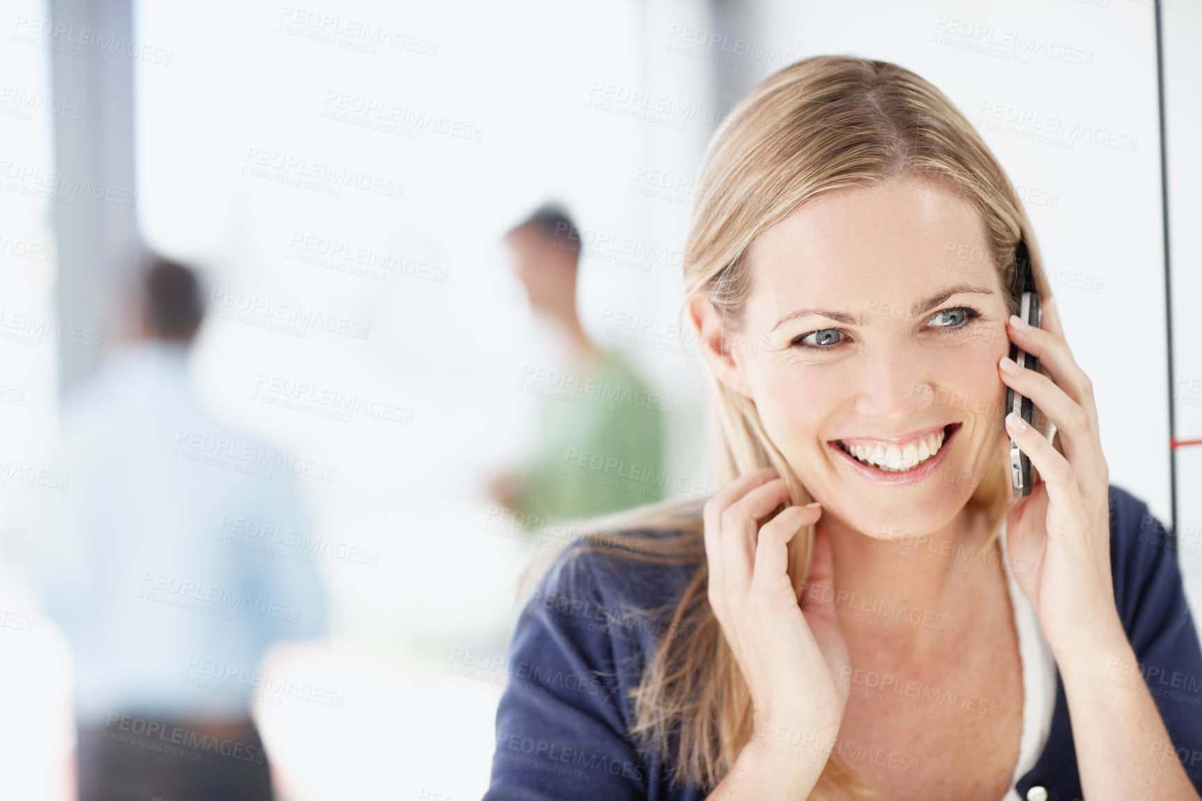 Buy stock photo Smile, woman and talking with phone call at new house for loan negotiation, mortgage approval and contact. Happy, female person and mobile for discussion with bank, financial feedback and investment