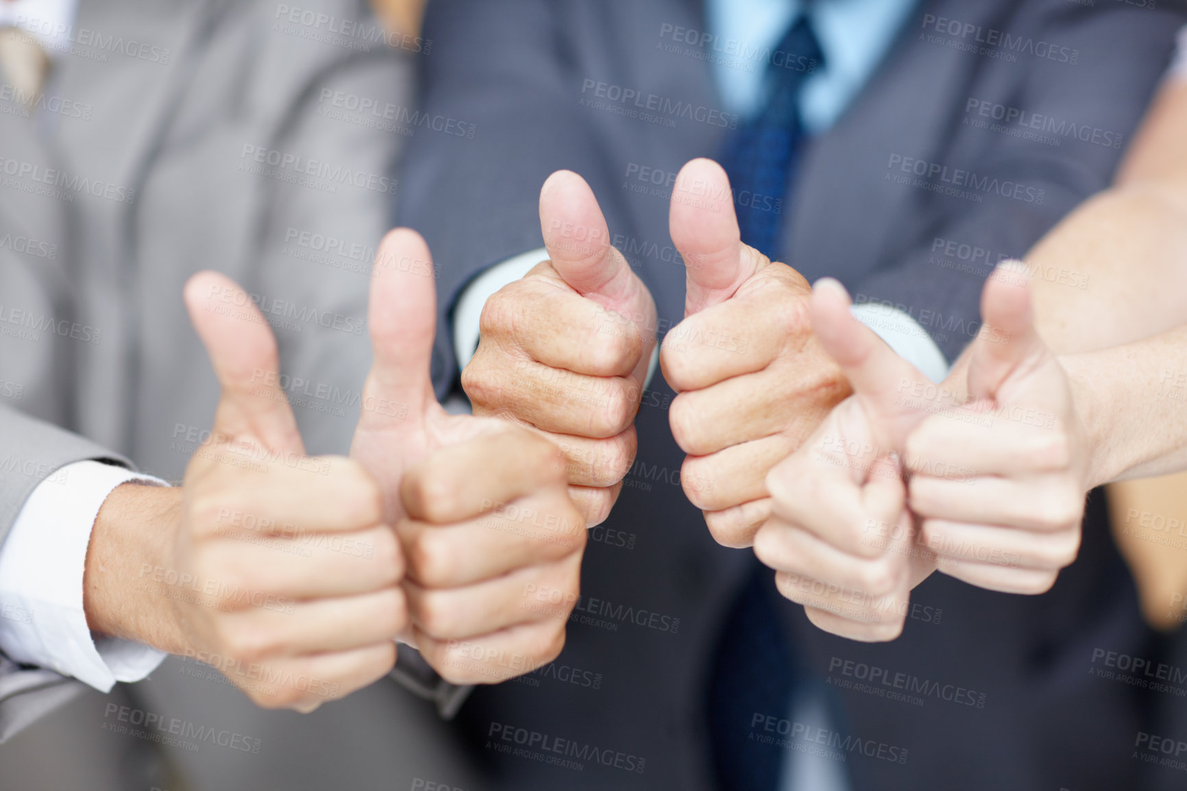 Buy stock photo Hands, teamwork or business people with thumbs up in group for good job or well done in meeting. Office, staff or corporate employees with okay, like gesture or yes sign for skills review or success