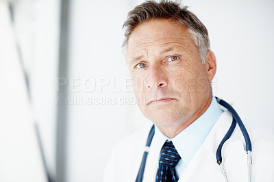 Buy stock photo Wellness, serious man and portrait of doctor in hospital for medicine, service or healthcare. Face, mature person or medical professional, rheumatology expert or confident surgeon with job experience