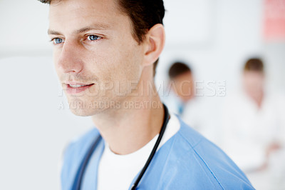 Buy stock photo Surgeon, man and thinking with smile at clinic with reflection, inspiration and start morning for healthcare services. Doctor, person and happy with insight, meeting and medical solution at hospital