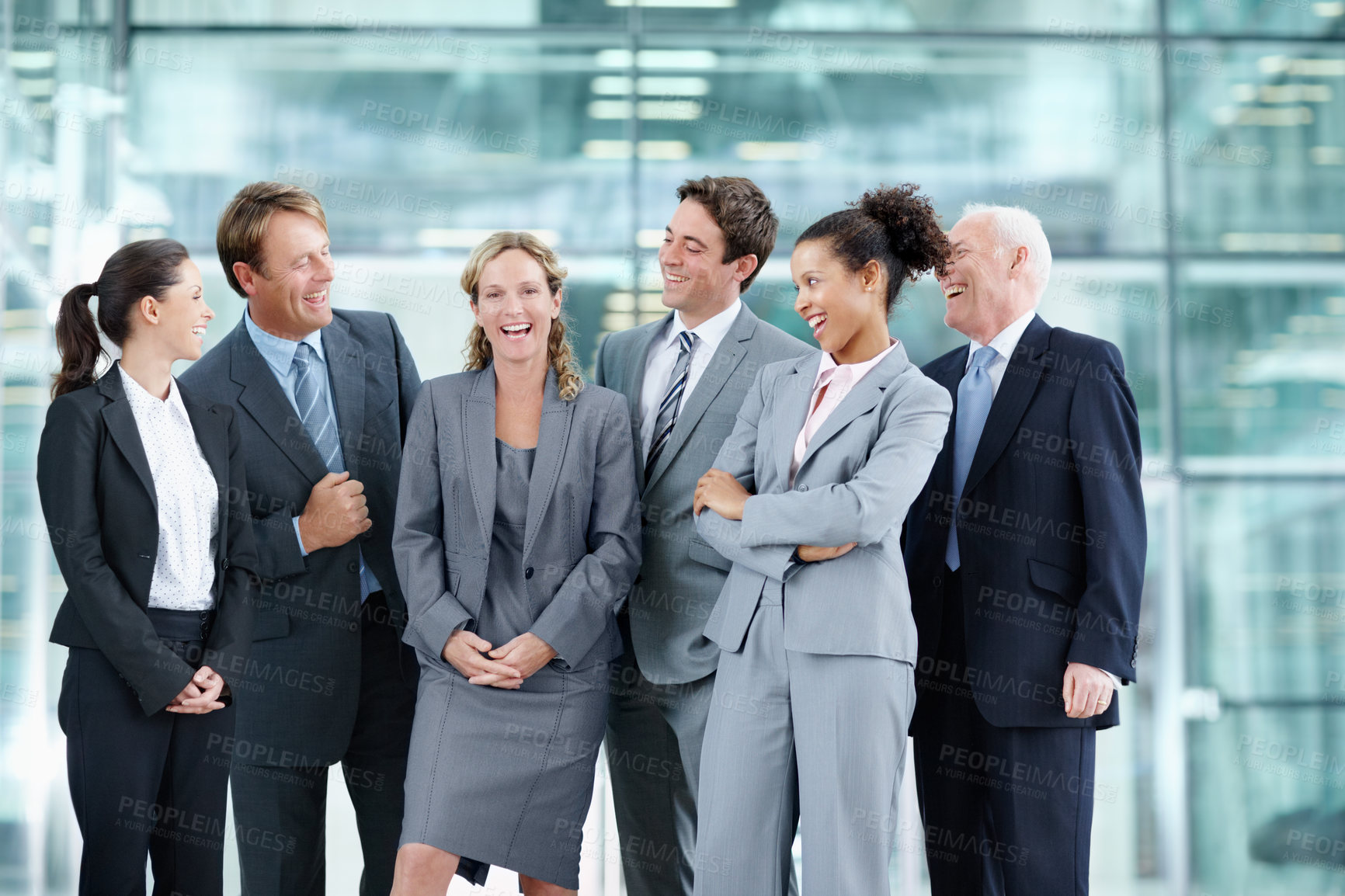 Buy stock photo Group, confident and colleagues in office, laughing and achievement for woman, success and financial firm. Celebration, people and banker with accomplishment for investment, corporate and employees