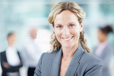 Buy stock photo Closeup portrait of a smiling mature businesswoman - copyspace