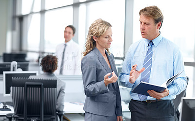 Buy stock photo Two mature business executives discussing work in the office