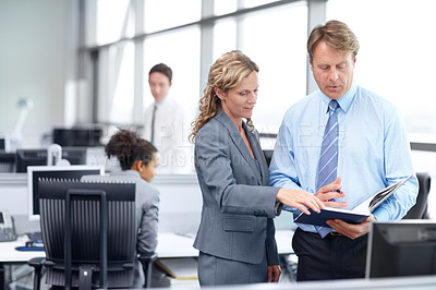 Buy stock photo Two focused mature business executives discussing work in the office