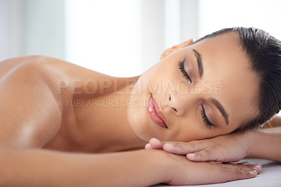 Buy stock photo Relax, sleeping and woman at spa with self care, wellness and luxury skin treatment for zen. Calm, cosmetics and young female person with beauty body routine taking nap on towel at health salon.