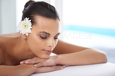 Buy stock photo Woman, massage and organic treatment for relaxing, wellness and beauty therapy for body care. Female person, calm and serene or dermatology, cosmetics and resting at resort hotel and peace or zen
