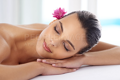 Buy stock photo Woman, massage and organic treatment at salon, wellness and beauty therapy for body care. Female person, relaxing and serene or dermatology, cosmetics and resting at resort hotel and peace or zen