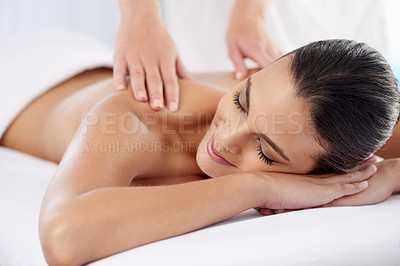 Buy stock photo Smile, spa and woman with luxury, massage and stress relief with self care, wellness and body care. Masseuse, female person a girl with skincare, grooming and holistic treatment with hands and zen