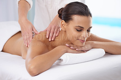 Buy stock photo Spa, massage and wellness of a woman, vacation or weekend break with health therapy for stress relief. Hands for body care, relaxing or skin session of a customer feeling calm or happiness with peace