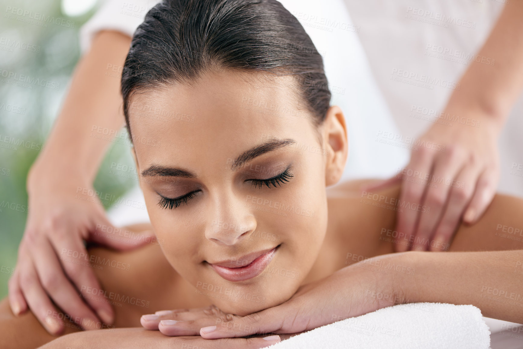 Buy stock photo Spa, massage and wellness of a woman, smile and weekend break with health therapy for stress relief. Client, relaxing and skin session of a customer feeling calm with body care, joy and zen treatment