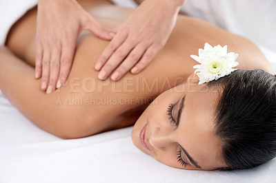 Buy stock photo Woman, back massage and beauty treatment for relaxing, wellness and muscle therapy for body care. Female person, masseuse and health by dermatology, calm and resting at resort hotel and peace or zen