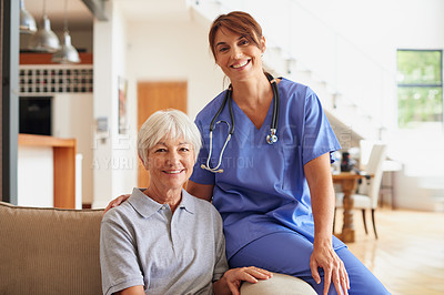 Buy stock photo Cropped shot of a nurse sitting beside her senior patient