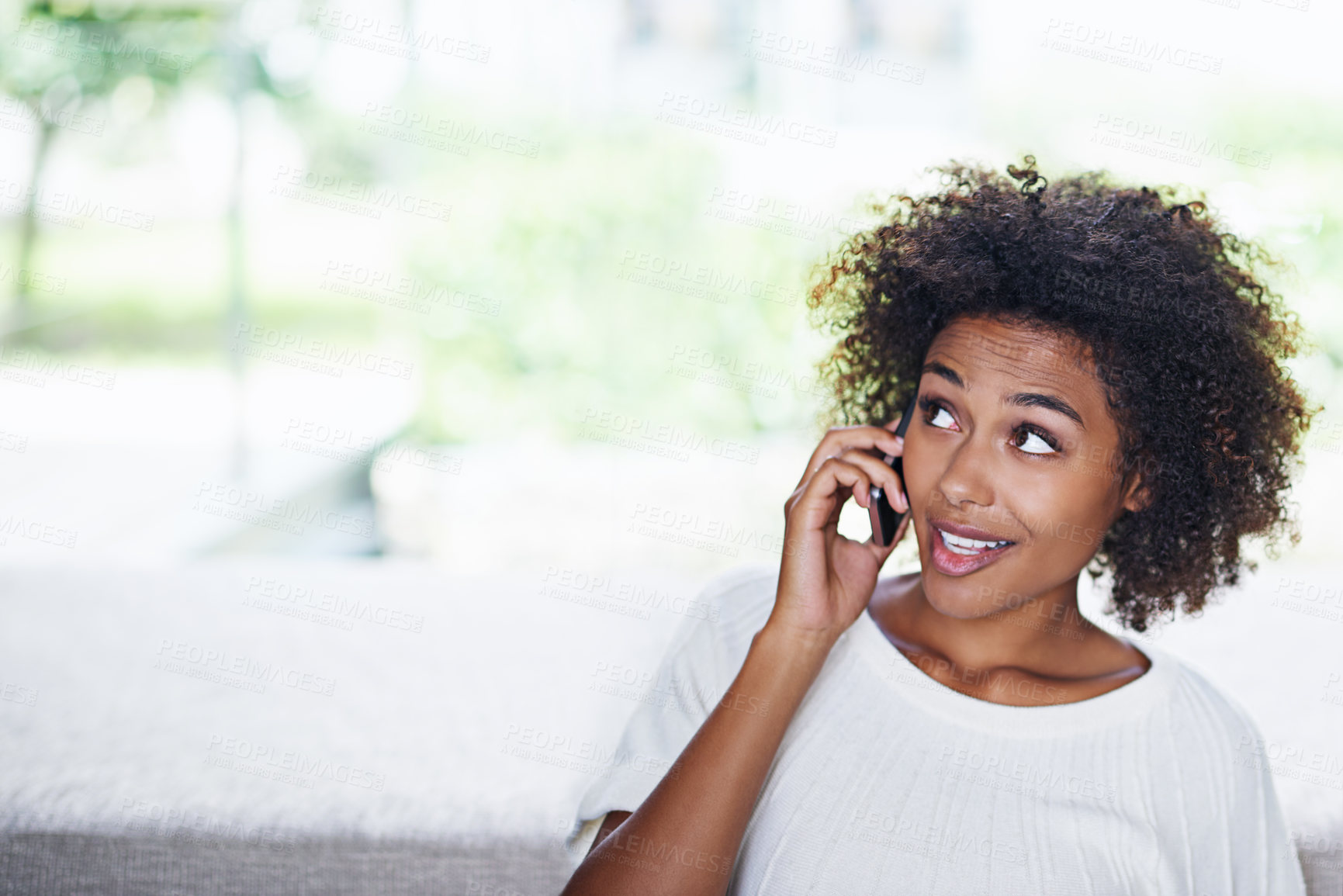 Buy stock photo Face, surprise phone call and black woman in living room of home with space for communication or networking. Contact, news and reaction with expression of young person talking on mobile in apartment
