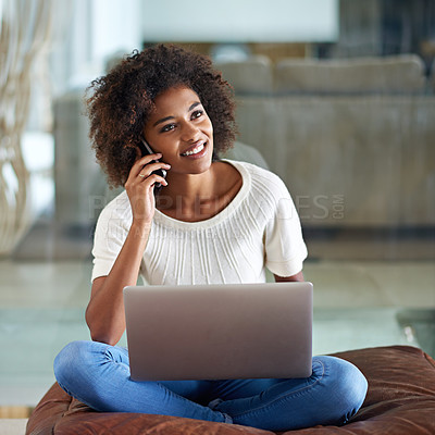 Buy stock photo Remote work from home and black woman with phone call, laptop or copywriting with entrepreneur or connection. African person, apartment or freelancer with computer or cellphone with internet or idea