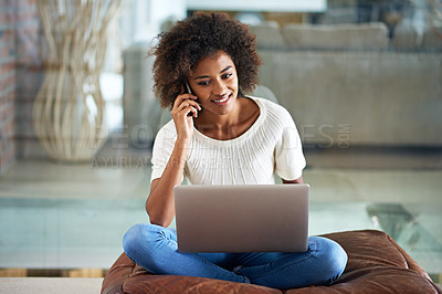 Buy stock photo Remote work, phone call and black woman with laptop, home and communication in a living room. African person, freelancer and entrepreneur with computer and startup with graphic designer and cellphone