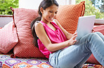 Enjoying her favorite teen blog