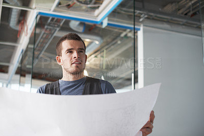 Buy stock photo Man, blueprint and thinking with construction site, document and design for urban infrastructure. Floor plan, architect and interior illustration for renovation, property development or maintenance