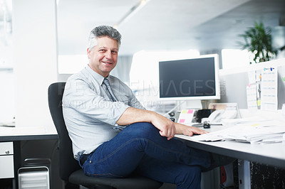 Buy stock photo Mature accountant, portrait and happy man with documents, finance career or experience. Computer, admin paperwork or proud financial advisor with satisfaction, investment files or business in office