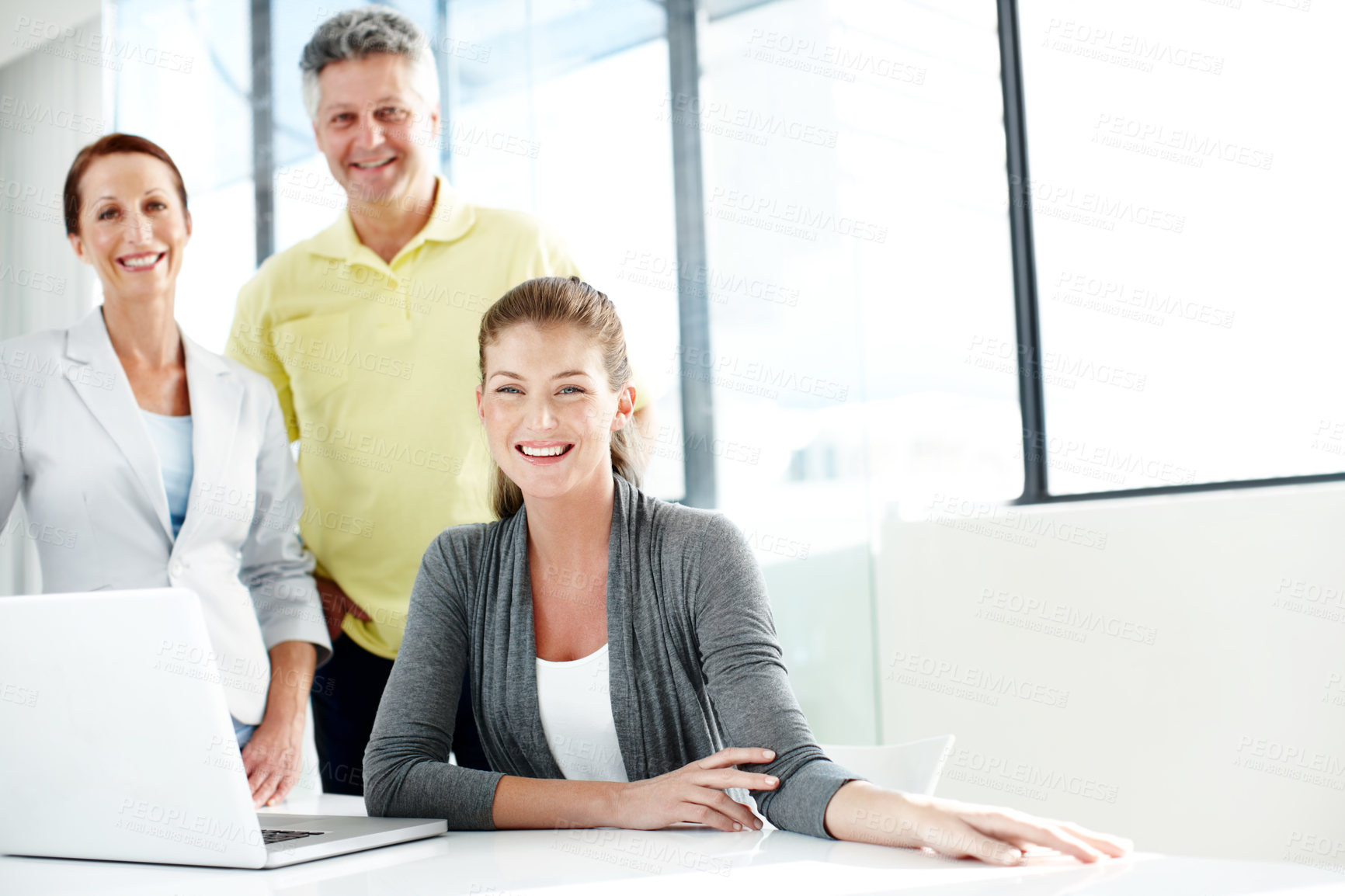 Buy stock photo People, laptop and portrait for internship in office, architecture firm and online for design. Collaboration, project management and support with development, mentorship and website for floor plan