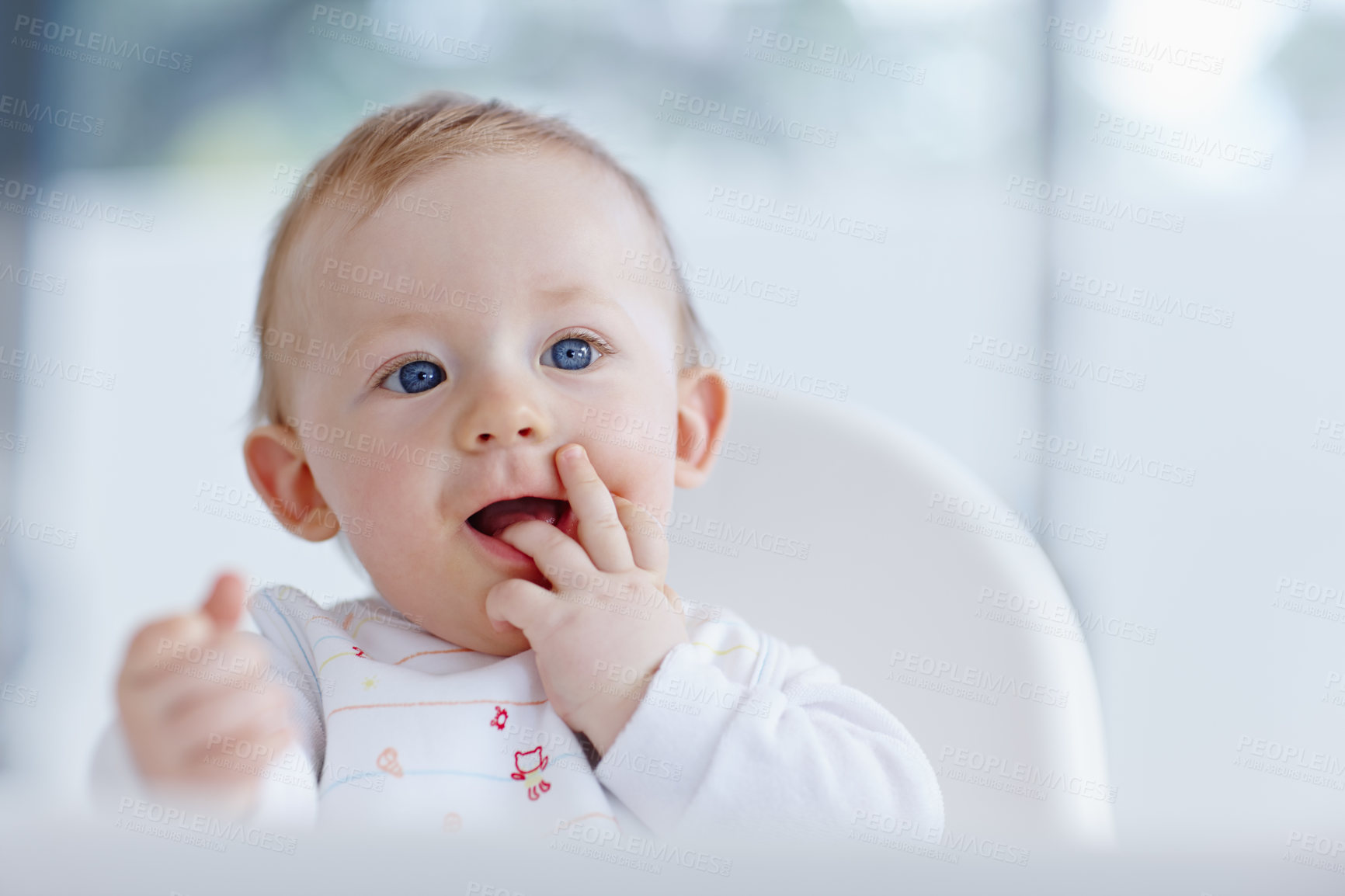 Buy stock photo Cropped image of a cute baby boy with a finger in his mouth