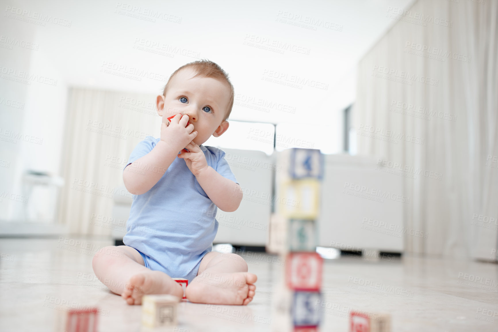 Buy stock photo A cute baby biting a building block while sitting on the living room floor