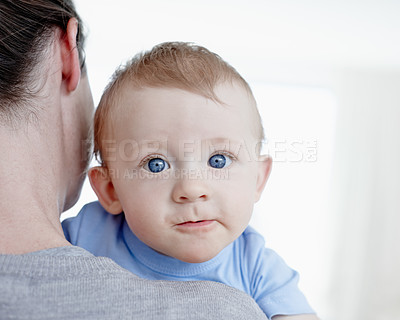 Buy stock photo Closeup of a cute baby boy looking at the camera