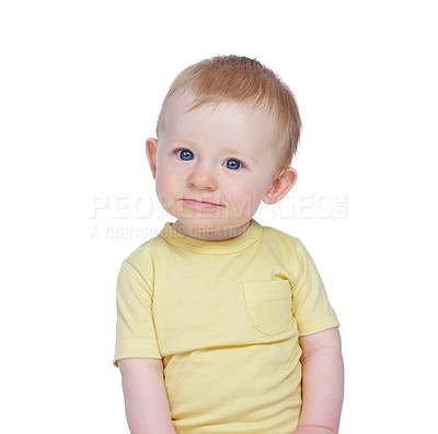 Buy stock photo Studio shot of a cute baby boy in a yellow shirt