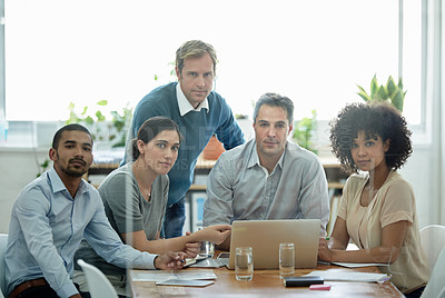 Buy stock photo Team, laptop and portrait of business people in office for planning, collaboration and strategy. Meeting, professional and diverse group of employees by technology for discussion, research or idea