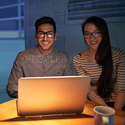 Buy stock photo Portrait, collaboration and night with businesspeople on a laptop, working in the boardroom for planning, strategy or innovation. Meeting, team or overtime with happy employees at work in the evening