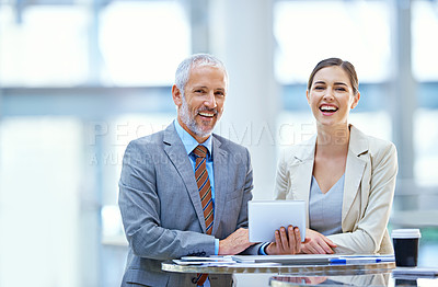 Buy stock photo Portrait, businesspeople and laugh with tablet, meeting and teamwork for workshop. Technology, colleagues and happy coworkers for conference, professional and corporate male manager with employee 