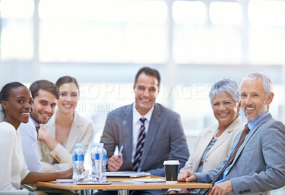 Buy stock photo Collaboration, meeting and portrait of business people for discussion, planning and teamwork in office. Diversity, corporate and men and women with ideas, documents and company report for project