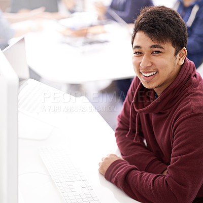 Buy stock photo Happy man, computer and portrait at office desk for web development, programming or information technology. Young programmer, worker or business designer on multimedia for startup project or planning