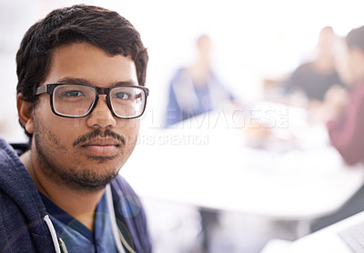 Buy stock photo IT professional, spectacles and portrait in office for information technology innovation, web development and programming. Indian person, developer or programer and serious for database on mockup