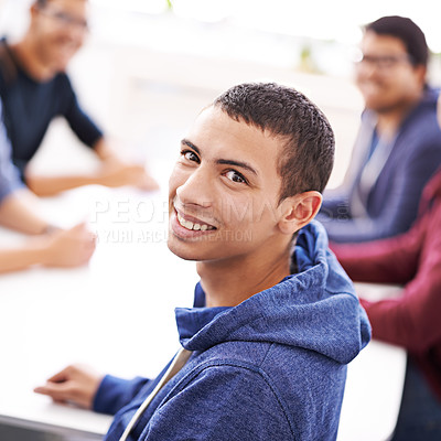 Buy stock photo Happy, man and portrait in meeting with team, workspace and web development for programming. Information, technology and programmer work online for startup, project and graphic designer in office