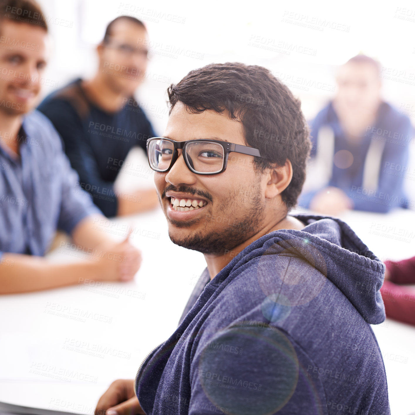 Buy stock photo Business man, portrait and meeting in creative office for planning and collaboration in lens flare. Face of young worker, employees or designer in glasses for solution, teamwork and startup project 