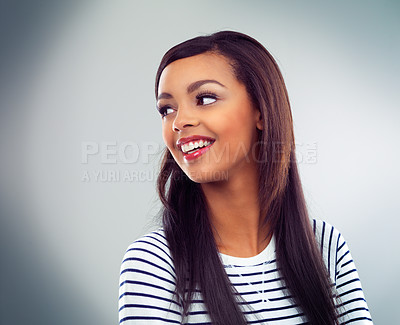 Buy stock photo Cheerful, student and black girl in studio, smile and tshirt in mockup, Gen z and fashion for college. Background, happy and confidence of person, university and clothes for Paris and scholarship