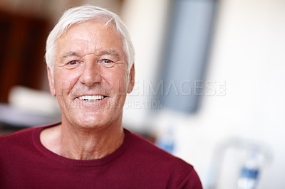 Buy stock photo Portrait, senior man and happy in home, retirement and confidence with wrinkles and satisfied smile. Elderly person, face and wellness in old age or positive, mental health happiness or space in UK