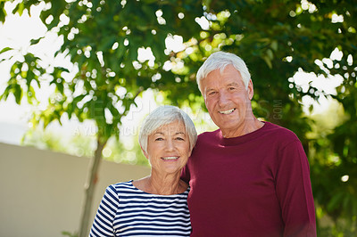 Buy stock photo Cropped portrait of an affectionate senior couple outdoors