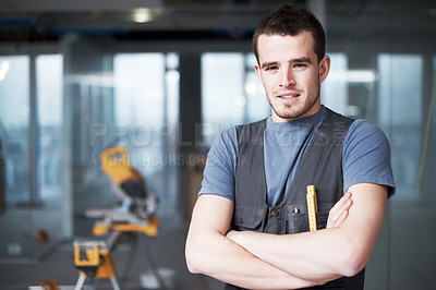 Buy stock photo Contractor, construction and arms crossed with portrait of man in office for renovation, maintenance and repair. Project, handyman and industrial with person and building site for carpenter and tools