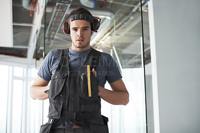 Buy stock photo Contractor, handyman and headphones with portrait of man in office for renovation, maintenance and repair. Project management, construction and industrial with person and building site for carpenter