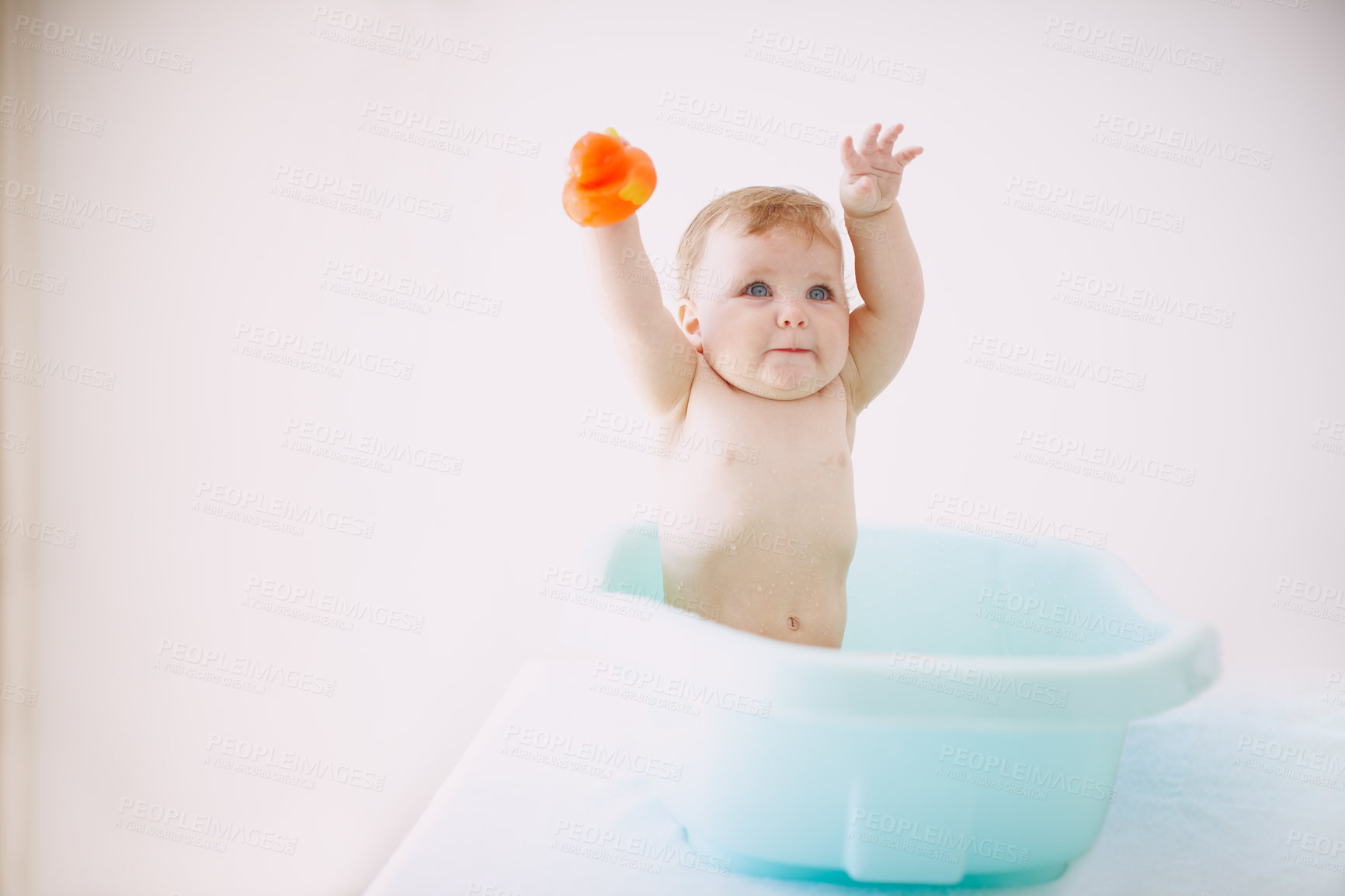 Buy stock photo Happy, toys and baby in bath playing for cleaning, washing and hygiene routine for wellness. Family, development and young child in bathtub with water, soap and foam for cleanse, health and splash