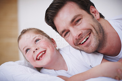 Buy stock photo Girl, dad and laughing in home, fun and love for kid in childhood relationship with portrait. Bonding, playful connection or care for protection or security, support or weekend with father in bedroom