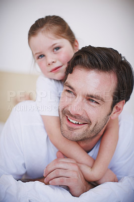 Buy stock photo Daughter, dad and morning for hug in bed, happy and love for kid in childhood relationship. Home, comfortable and embrace for protection or security, support girl and gratitude to father in bedroom