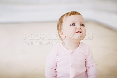 Buy stock photo Lonely child longing for her parents' attention with copy space. Angry little girl sitting on the floor alone at home. Feeling abandoned, neglected or upset and waiting for adoption or foster family