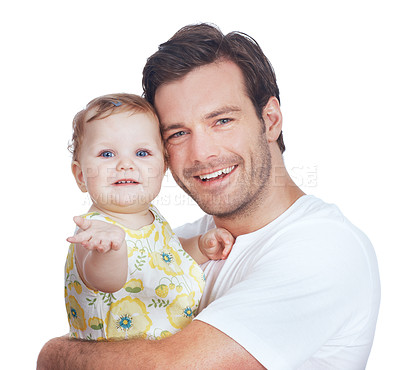 Buy stock photo Closeup portrait of a young dad standing with his baby daughter in his arms