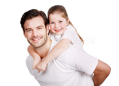 Buy stock photo Portrait of a young father giving his daughter a piggyback ride