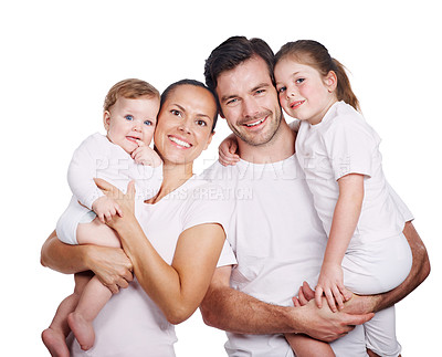 Buy stock photo Cropped studio portrait of a loving family with two children dressed in casual wear